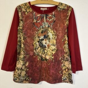 Y2K Susan Lawrence Red Floral & Classical Print 3/4 Sleeve Women's Shirt Size M